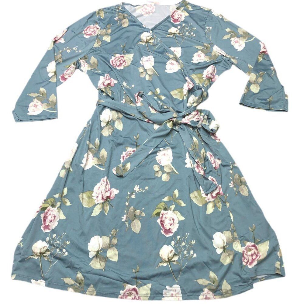 NEW M‎ LuLaRoe Michelle True Wrap Dress Blue Floral 3/4 Sleeve Midi V Neck